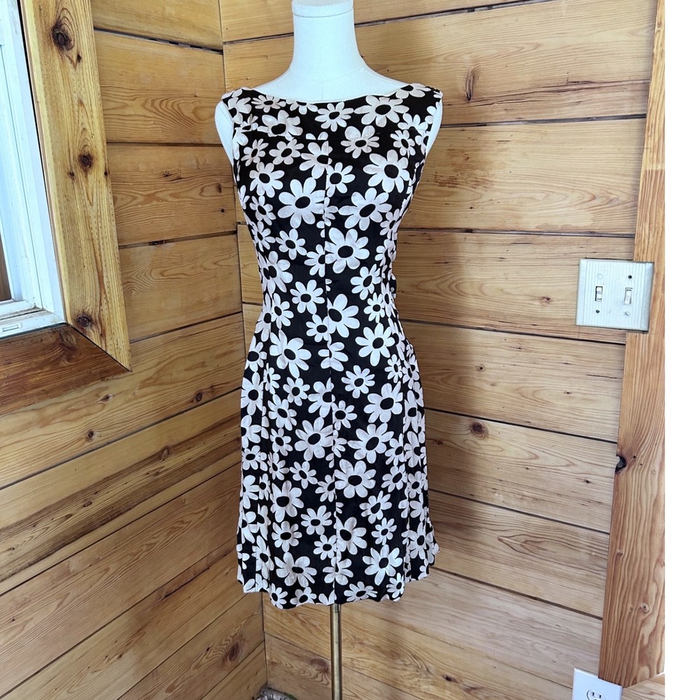 Vintage Satin Floral Shift Dress Womens Small Black White 60s Mod Wiggle Algo